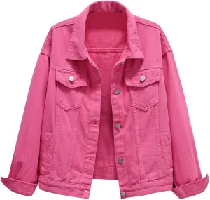 Women's Cropped Denim Jacket Plus Size Distressed Washed Button Down Long Sleeve Jean Trucker Jacket with Pockets