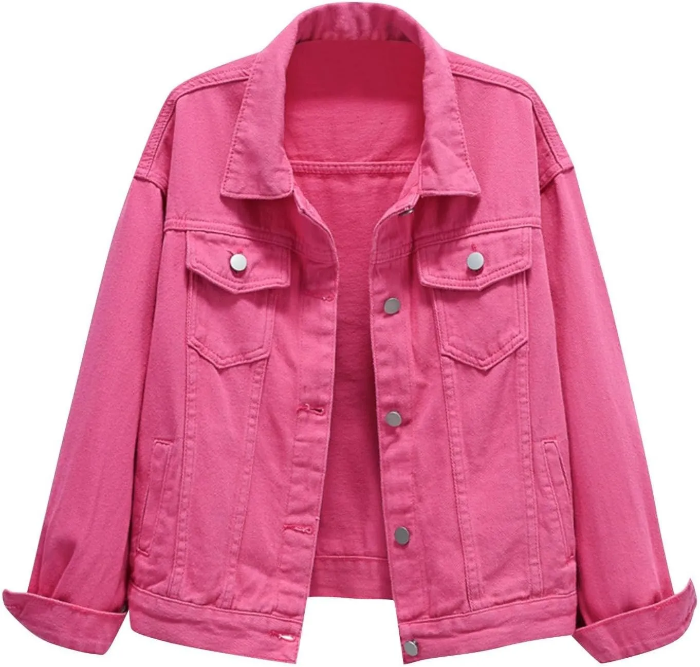 Women's Cropped Denim Jacket Plus Size Distressed Washed Button Down Long Sleeve Jean Trucker Jacket with Pockets