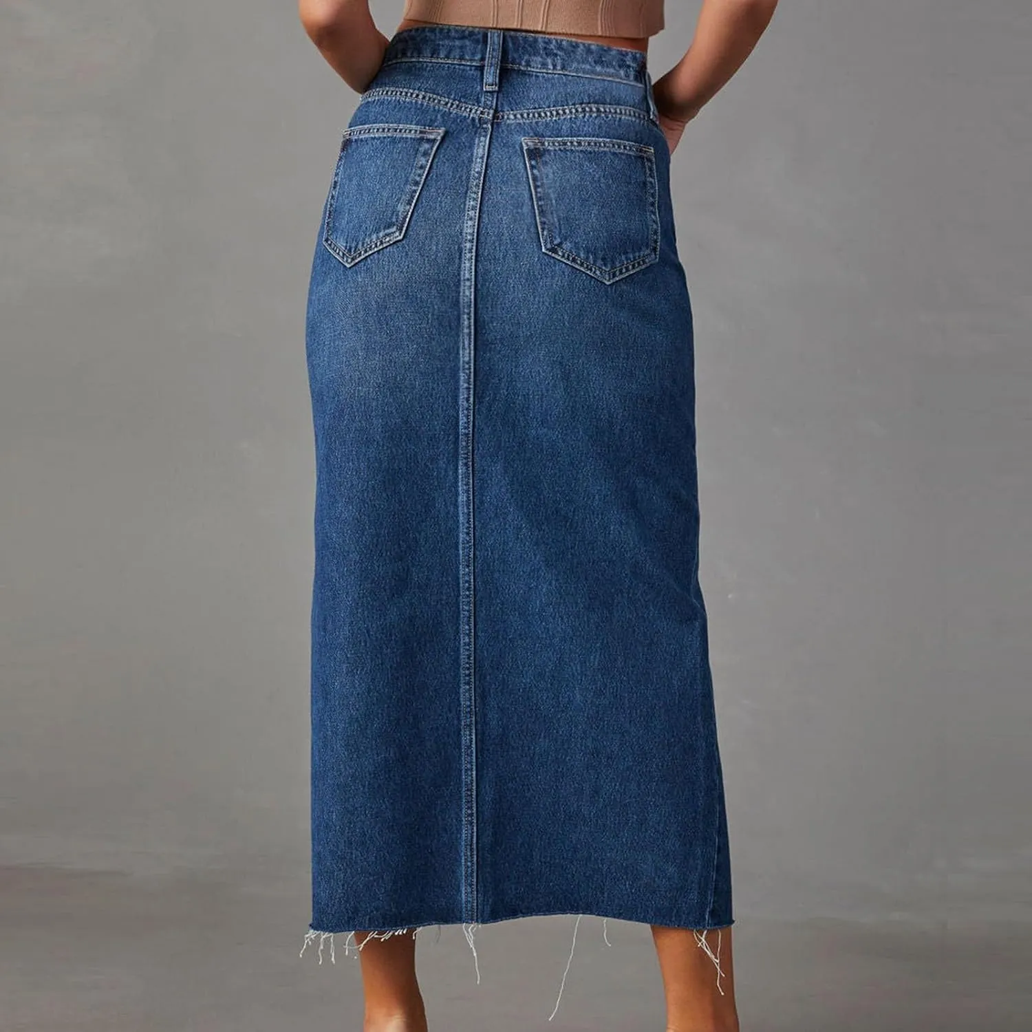Womens Denim Skirt Front Slit Maxi Skirt Fashion Y2K Streetwear High Waist Jean Skirt with Pockets Slim Long Skirt