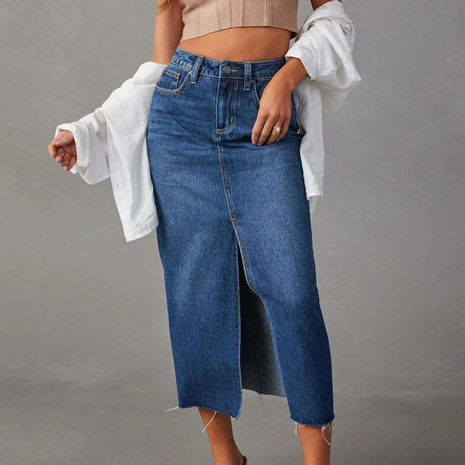 Womens Denim Skirt Front Slit Maxi Skirt Fashion Y2K Streetwear High Waist Jean Skirt with Pockets Slim Long Skirt
