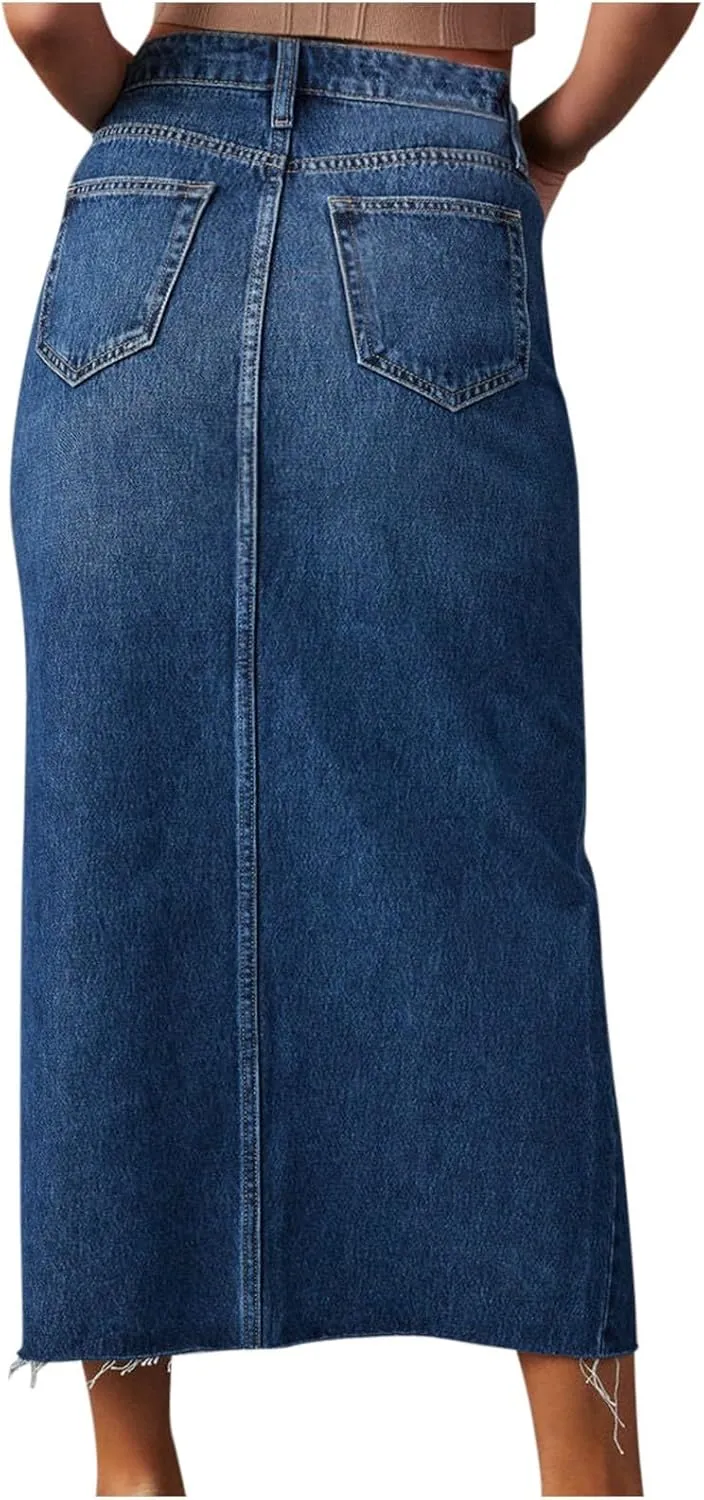 Womens Denim Skirt Front Slit Maxi Skirt Fashion Y2K Streetwear High Waist Jean Skirt with Pockets Slim Long Skirt