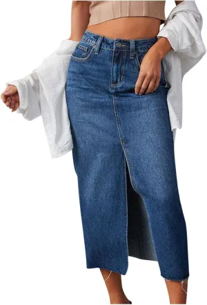 Womens Denim Skirt Front Slit Maxi Skirt Fashion Y2K Streetwear High Waist Jean Skirt with Pockets Slim Long Skirt