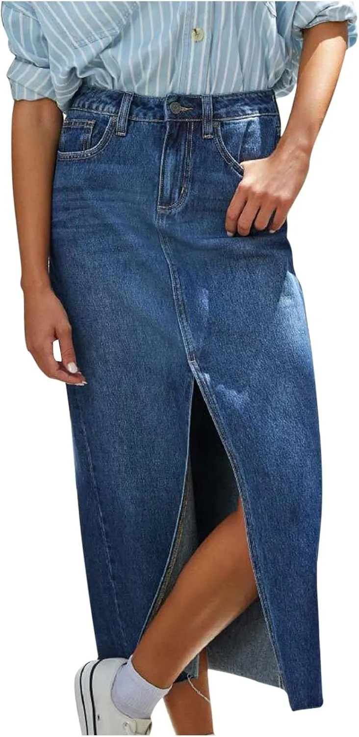 Womens Denim Skirt Front Slit Maxi Skirt Fashion Y2K Streetwear High Waist Jean Skirt with Pockets Slim Long Skirt