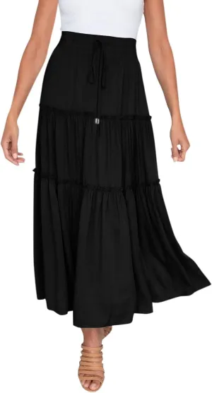Womens Elastic High Waist Boho Maxi Skirt Ruffle A Line Swing Long Skirts Pleated Skirt for Women