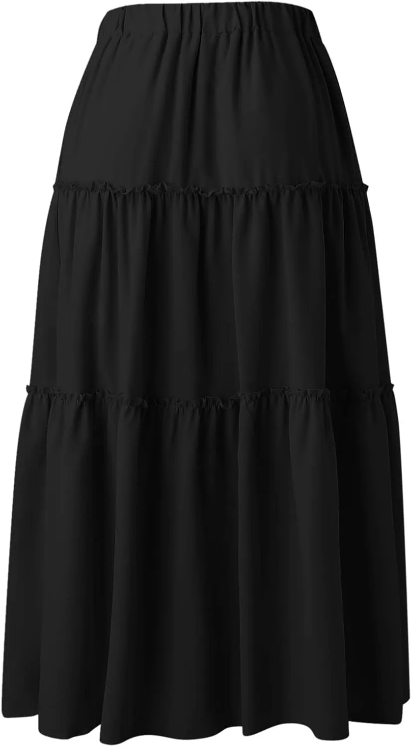 Womens Elastic High Waist Boho Maxi Skirt Ruffle A Line Swing Long Skirts Pleated Skirt for Women