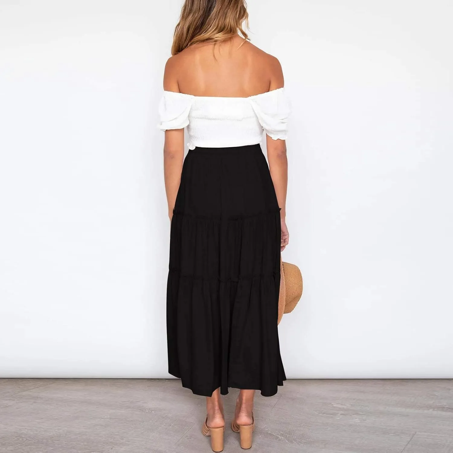 Womens Elastic High Waist Boho Maxi Skirt Ruffle A Line Swing Long Skirts Pleated Skirt for Women