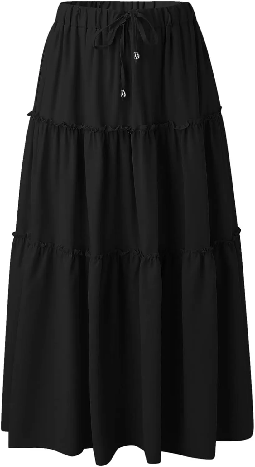 Womens Elastic High Waist Boho Maxi Skirt Ruffle A Line Swing Long Skirts Pleated Skirt for Women