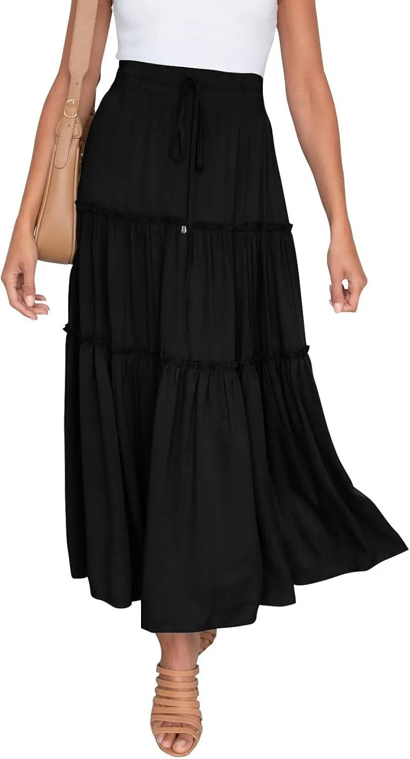 Womens Elastic High Waist Boho Maxi Skirt Ruffle A Line Swing Long Skirts Pleated Skirt for Women