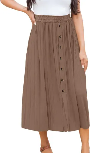 Women's Elastic Waist Party Shiny Accordion Pleated Midi Skirt Maternity Long Skirt