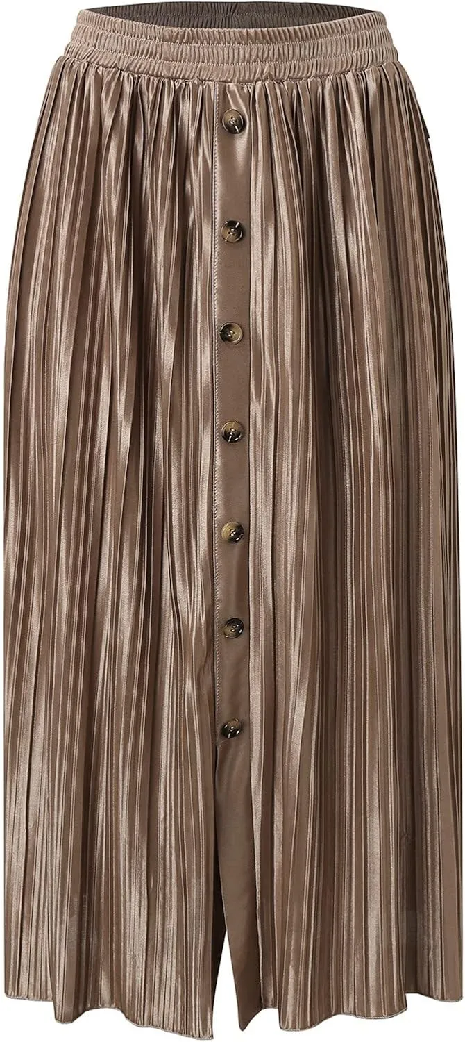 Women's Elastic Waist Party Shiny Accordion Pleated Midi Skirt Maternity Long Skirt