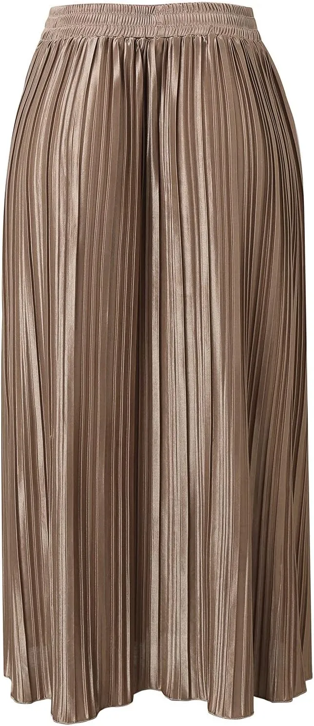 Women's Elastic Waist Party Shiny Accordion Pleated Midi Skirt Maternity Long Skirt