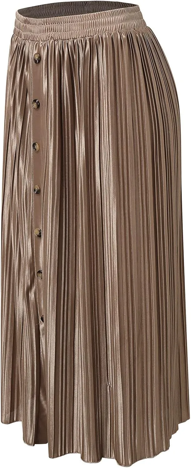 Women's Elastic Waist Party Shiny Accordion Pleated Midi Skirt Maternity Long Skirt