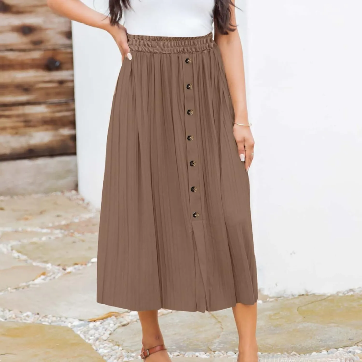 Women's Elastic Waist Party Shiny Accordion Pleated Midi Skirt Maternity Long Skirt