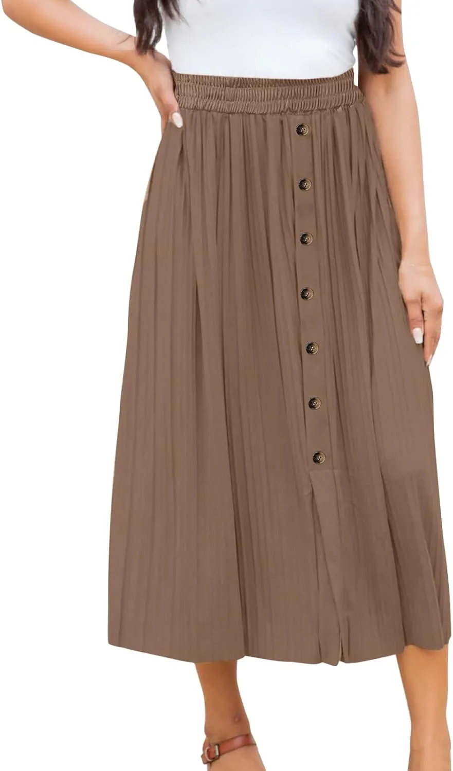Women's Elastic Waist Party Shiny Accordion Pleated Midi Skirt Maternity Long Skirt