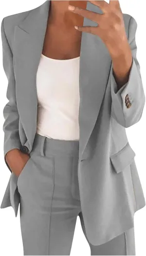 Womens Fall Casual Blazer Jacket Long Sleeve Lightweight Suit Slim Fit Work Office Jacket Pockets Lapel Button Jacket