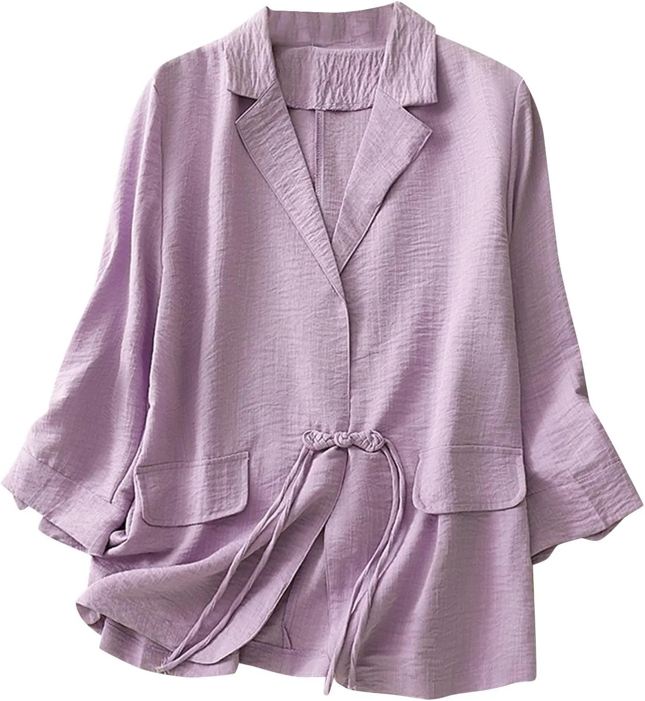 Women's Fall Casual Cotton Linen Blazers Lapel 3/4 Sleeve Open Front Lightweight Solid Color Jackets Coat with Pockets