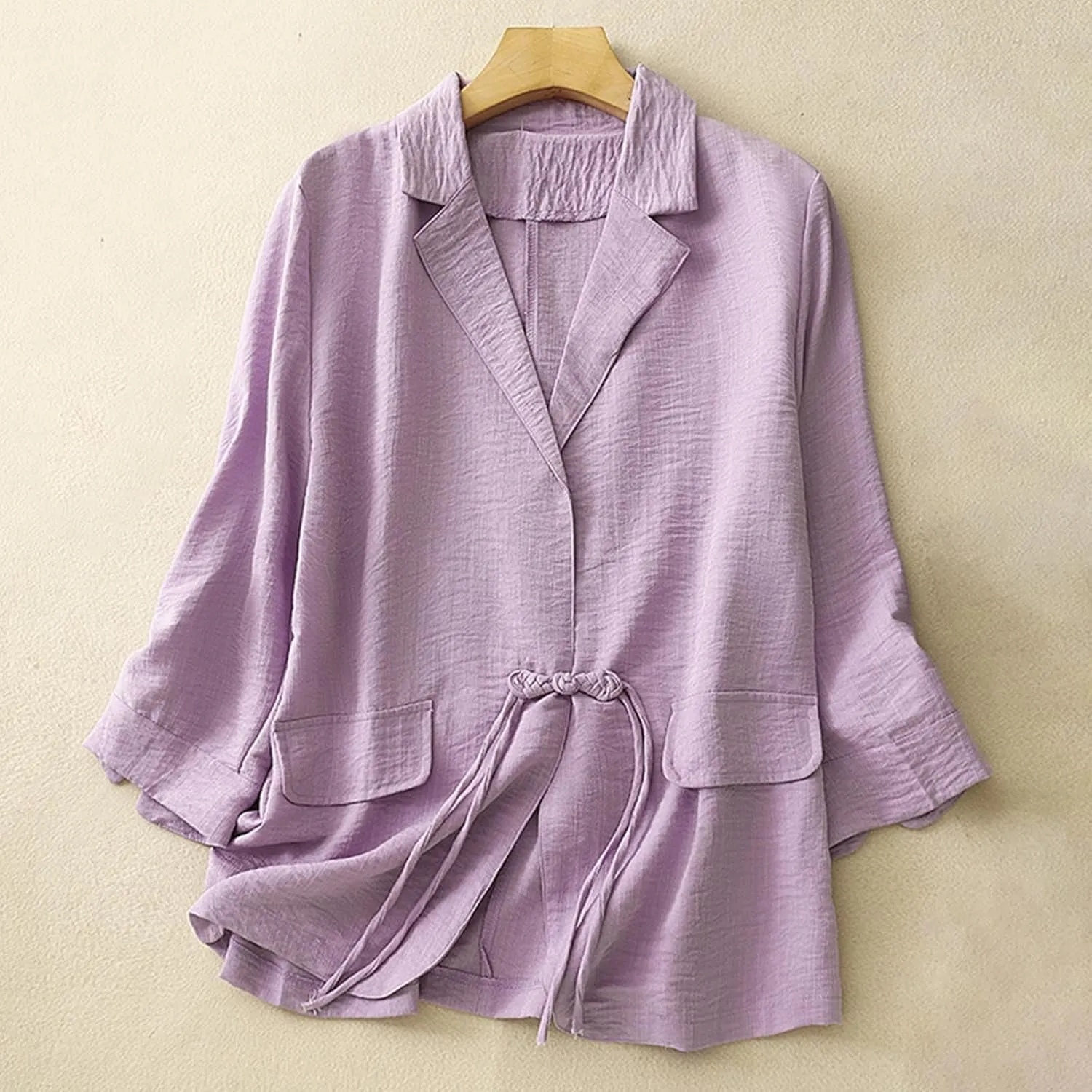 Women's Fall Casual Cotton Linen Blazers Lapel 3/4 Sleeve Open Front Lightweight Solid Color Jackets Coat with Pockets