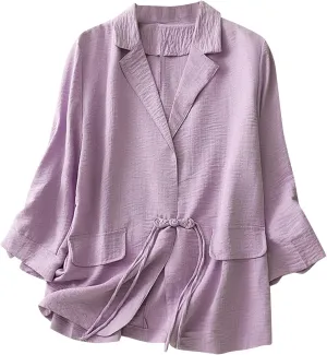 Women's Fall Casual Cotton Linen Blazers Lapel 3/4 Sleeve Open Front Lightweight Solid Color Jackets Coat with Pockets