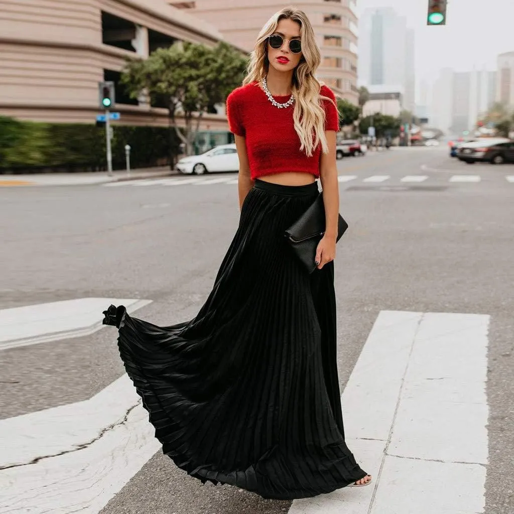 Womens Fashion High Waist Fold Soild Vintage Loose Beach Wrap Maxi Long Skirt Knee Length Knit Skirt
