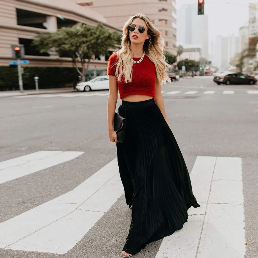 Womens Fashion High Waist Fold Soild Vintage Loose Beach Wrap Maxi Long Skirt Knee Length Knit Skirt
