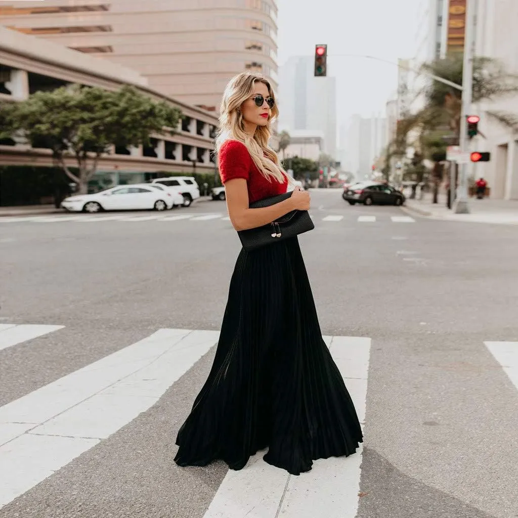 Womens Fashion High Waist Fold Soild Vintage Loose Beach Wrap Maxi Long Skirt Knee Length Knit Skirt
