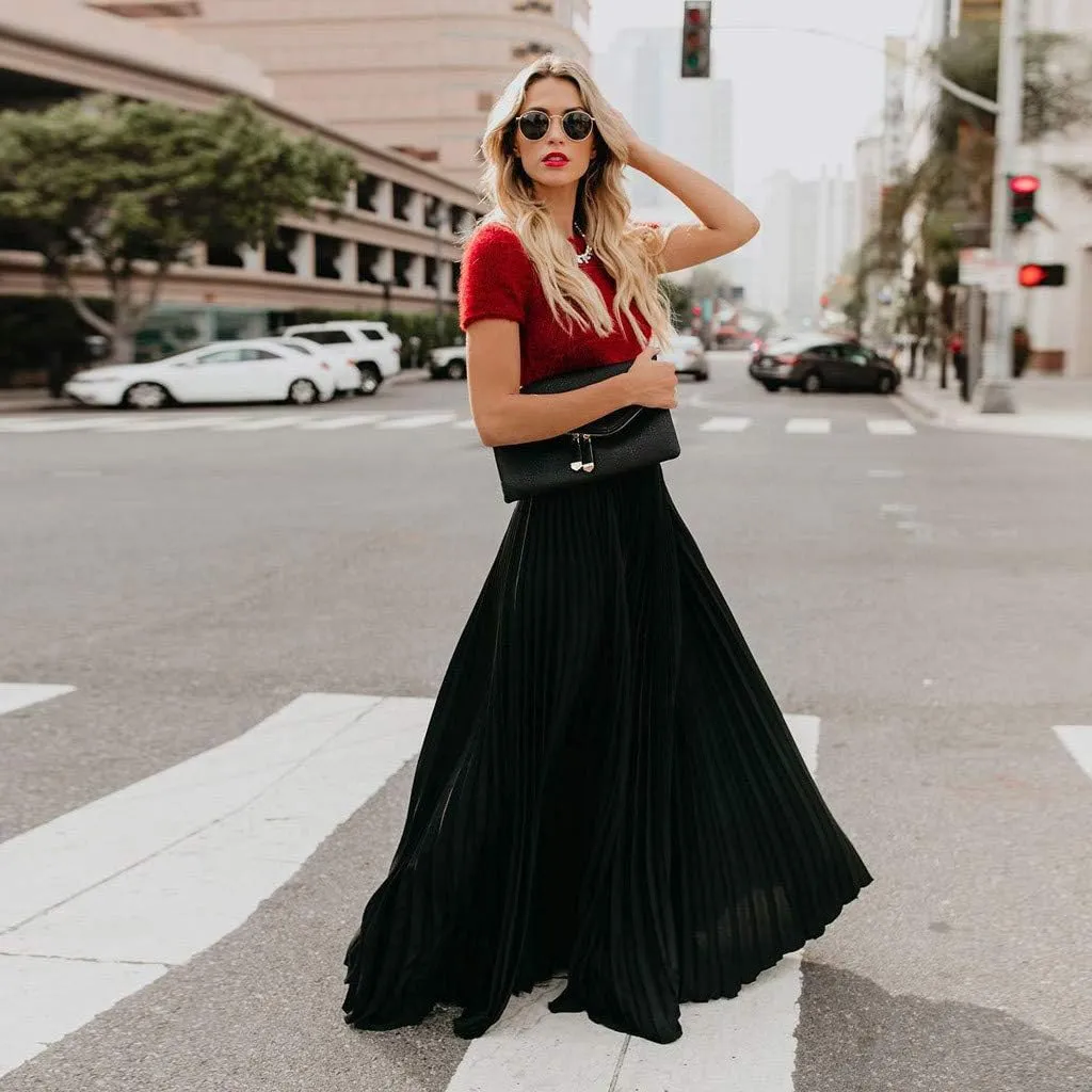 Womens Fashion High Waist Fold Soild Vintage Loose Beach Wrap Maxi Long Skirt Knee Length Knit Skirt