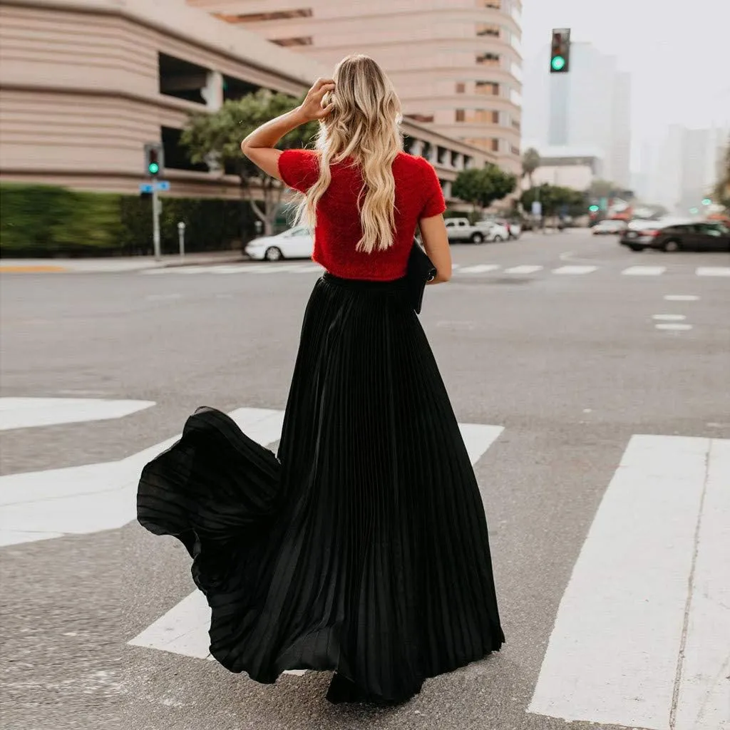 Womens Fashion High Waist Fold Soild Vintage Loose Beach Wrap Maxi Long Skirt Knee Length Knit Skirt