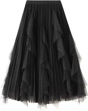 Women's Fashion High Waisted Ruffled Mesh Skirt Women's Mid Length Pleated Skirt Boys Skirt
