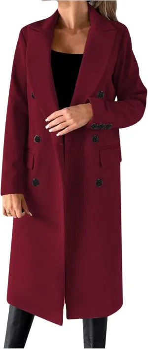 Womens Fashion Long Blazer Business Casual Double Breasted Trench Coats Notched Lapel Long Sleeve Outerwear