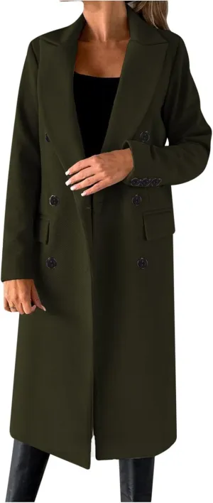Womens Fashion Long Blazer Business Casual Double Breasted Trench Coats Notched Lapel Long Sleeve Outerwear