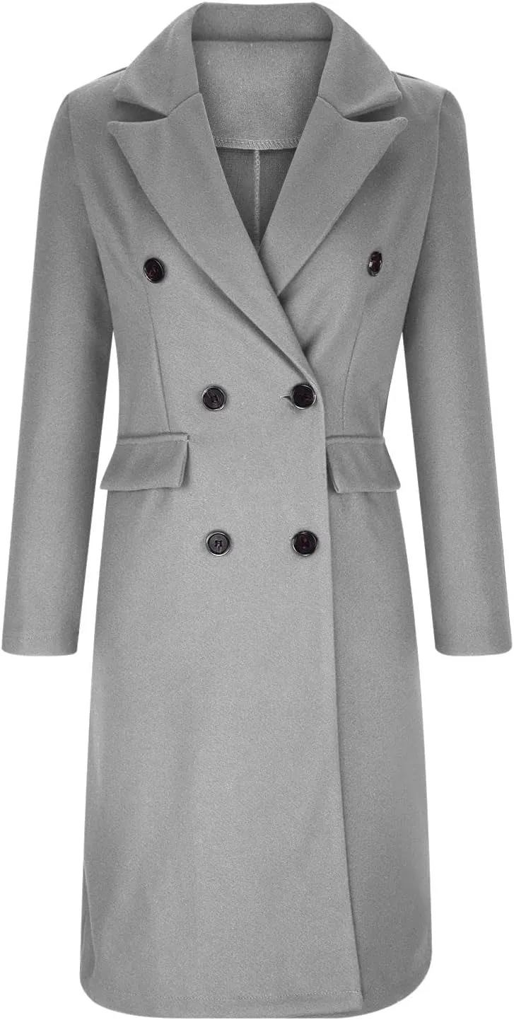 Womens Fashion Long Blazer Business Casual Double Breasted Trench Coats Notched Lapel Long Sleeve Outerwear