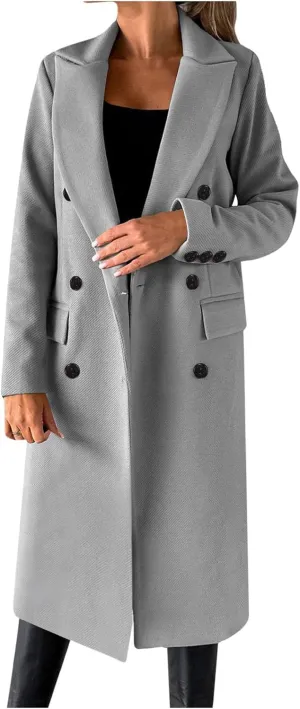 Womens Fashion Long Blazer Business Casual Double Breasted Trench Coats Notched Lapel Long Sleeve Outerwear