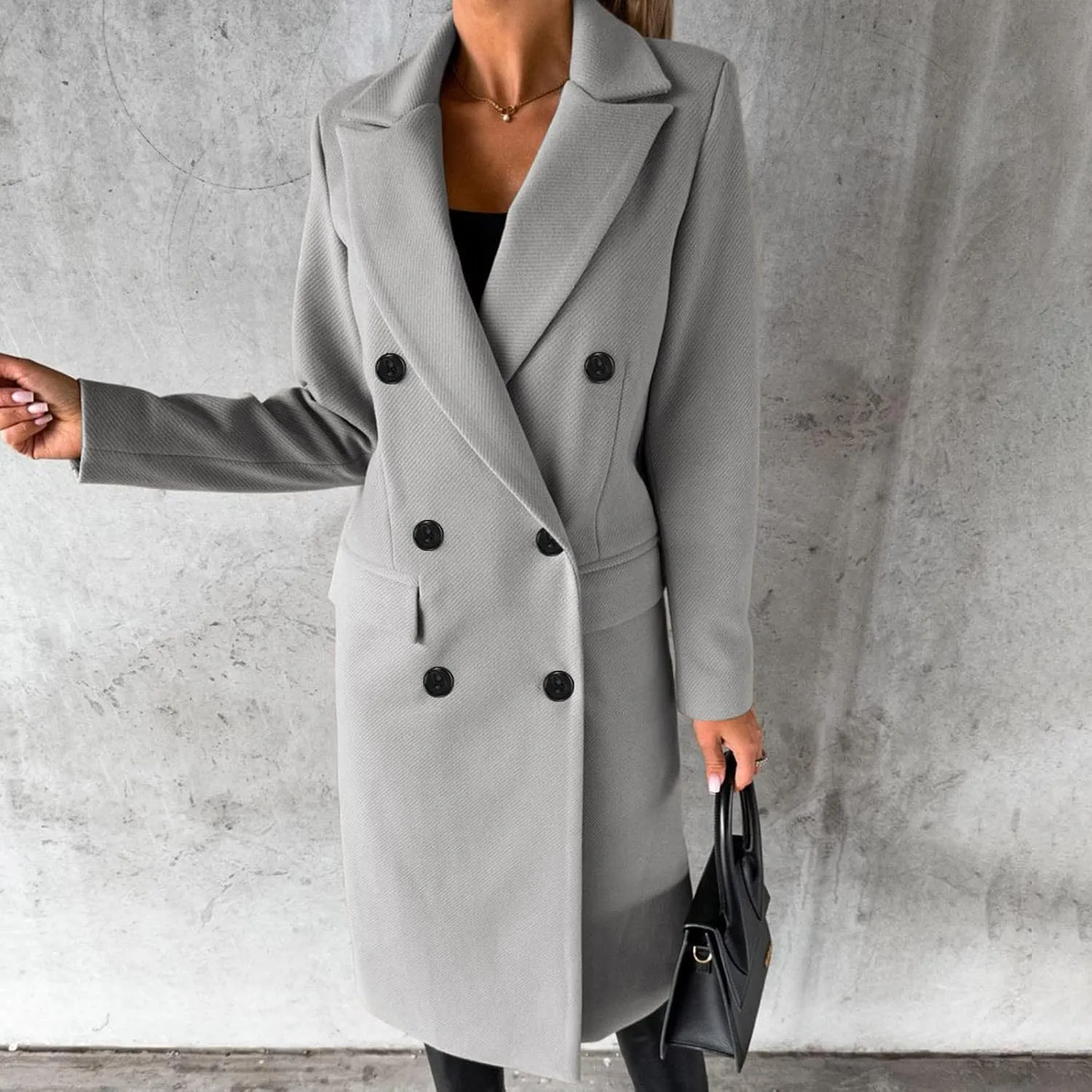 Womens Fashion Long Blazer Business Casual Double Breasted Trench Coats Notched Lapel Long Sleeve Outerwear