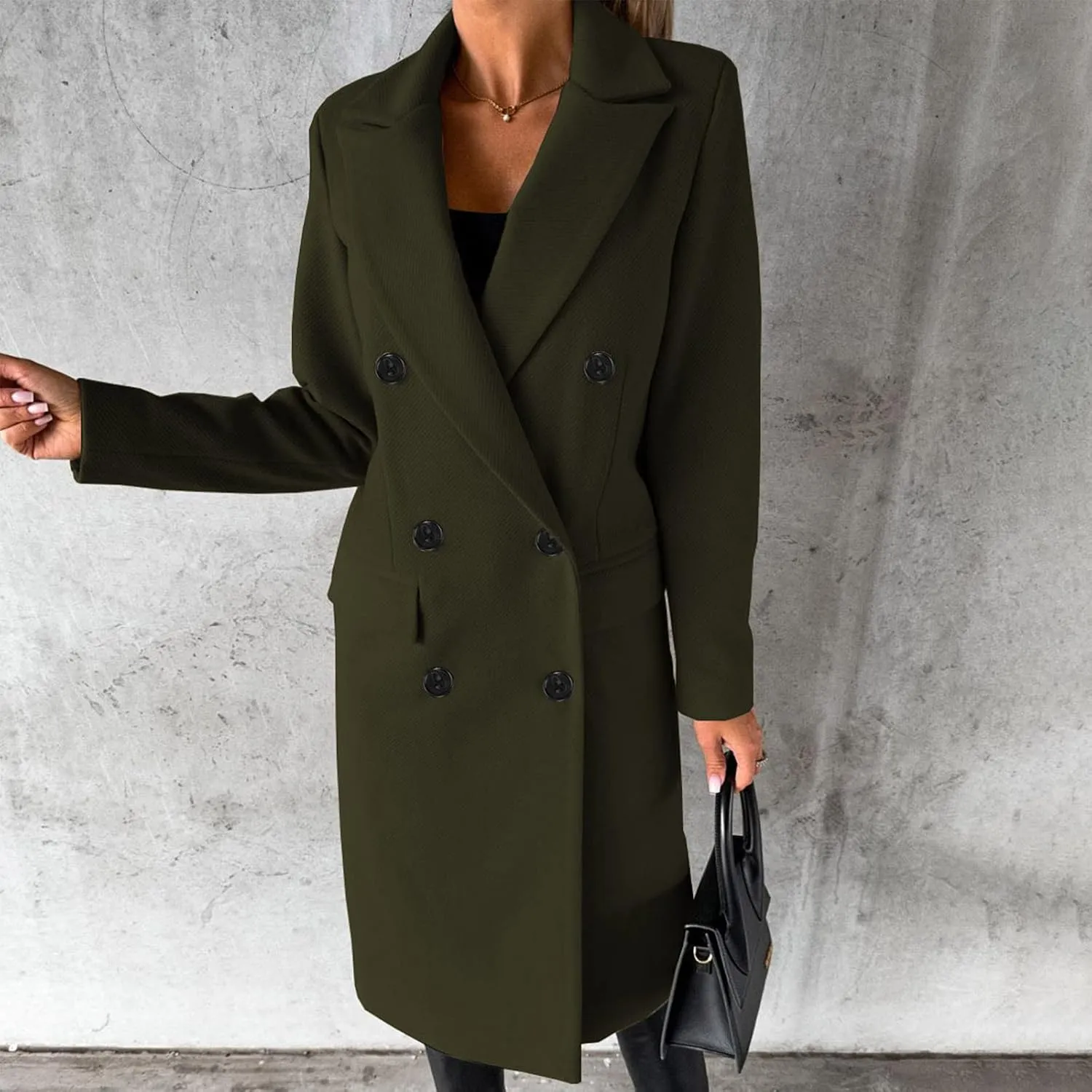 Womens Fashion Long Blazer Business Casual Double Breasted Trench Coats Notched Lapel Long Sleeve Outerwear