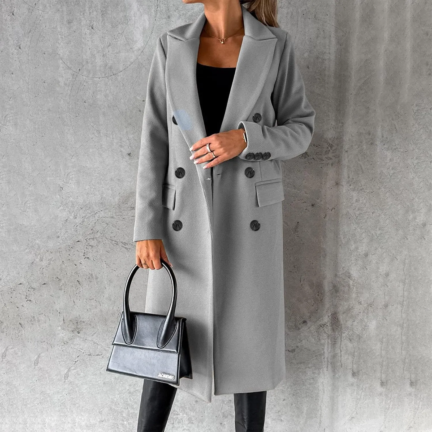 Womens Fashion Long Blazer Business Casual Double Breasted Trench Coats Notched Lapel Long Sleeve Outerwear