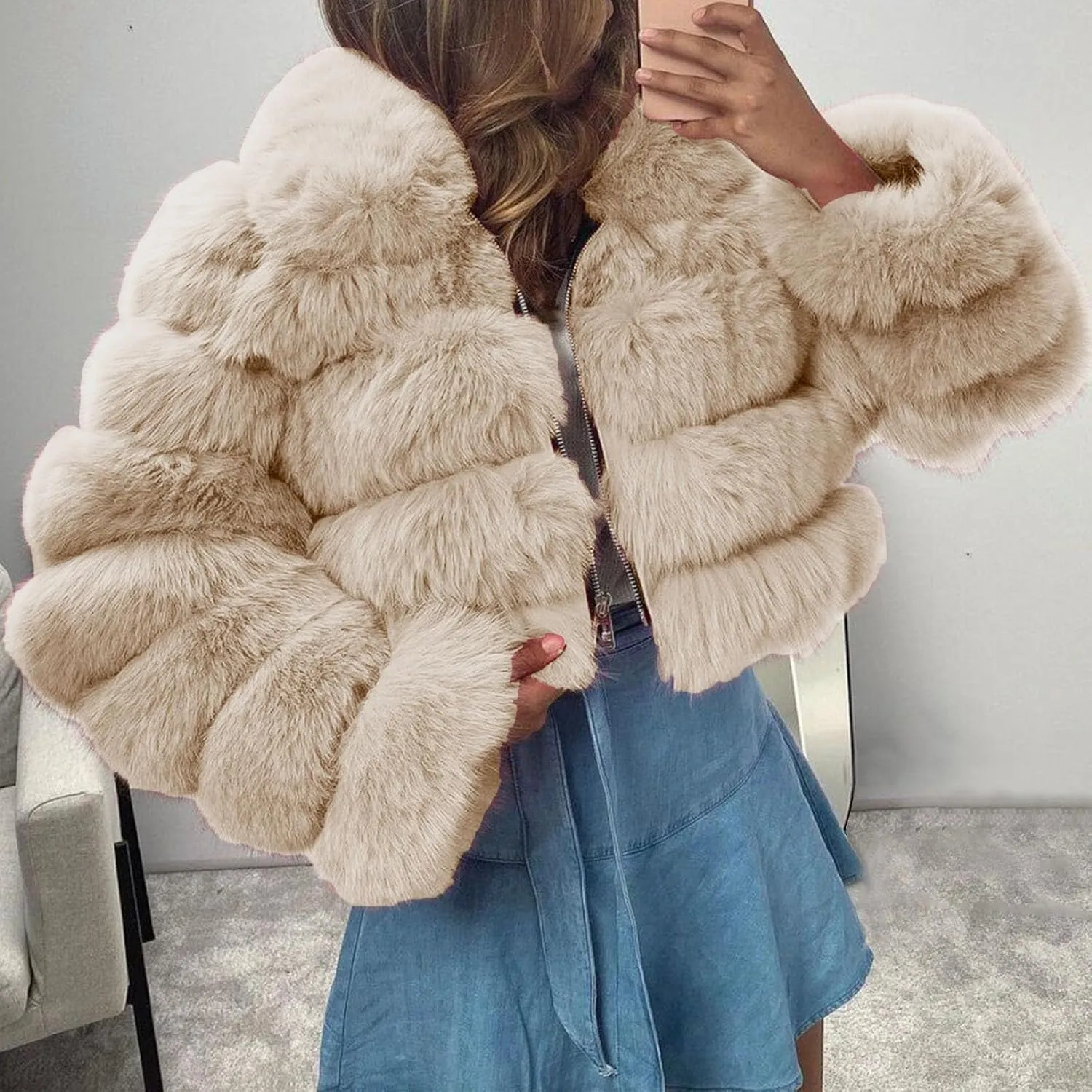 Women's Faux Fur Jacket Casual Fashion Cropped Coat Fluffy Shaggy Solid Outerwear Winter Warm Hooded Cardigan