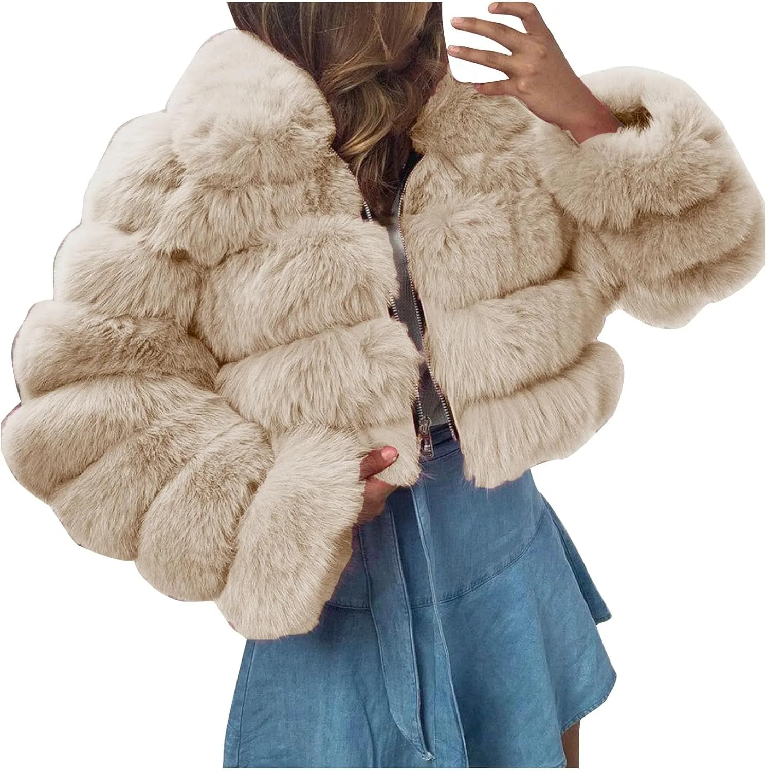 Women's Faux Fur Jacket Casual Fashion Cropped Coat Fluffy Shaggy Solid Outerwear Winter Warm Hooded Cardigan