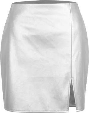 Women's Faux Leather Bodycon Skirt Trendy Slit Beaded Tied Slim Mini Skirt Casual PU Leather Short Pencil Skirt