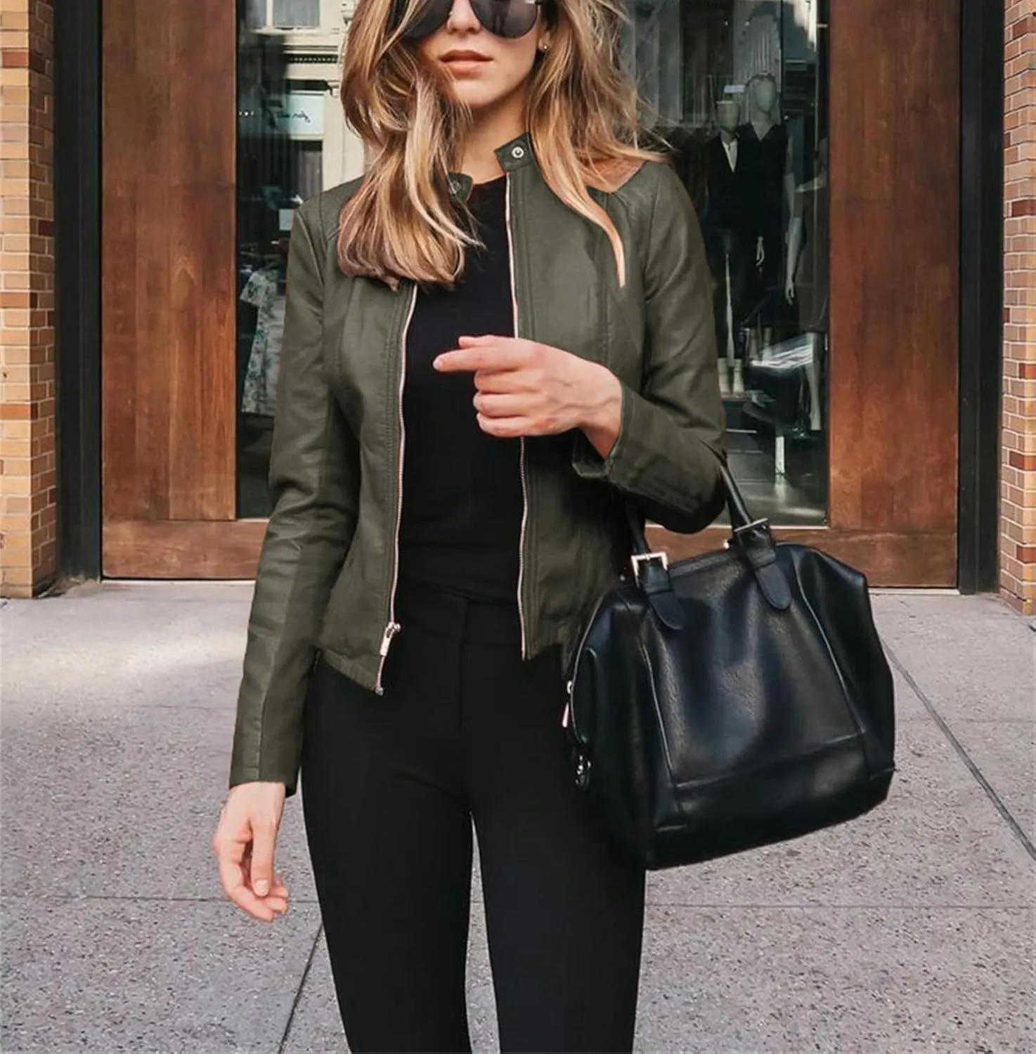 Womens Faux Leather Jacket Cropped Bomber Jackets Casual Light Moto Biker Jacke Coats Long Sleeves Jacket with Pocket