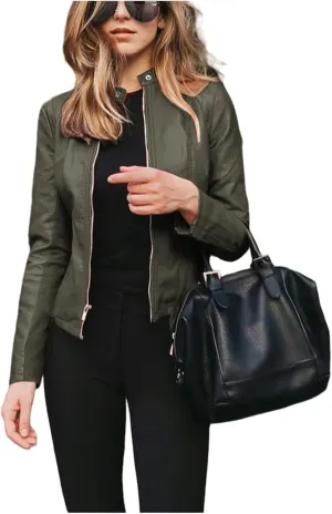 Womens Faux Leather Jacket Cropped Bomber Jackets Casual Light Moto Biker Jacke Coats Long Sleeves Jacket with Pocket