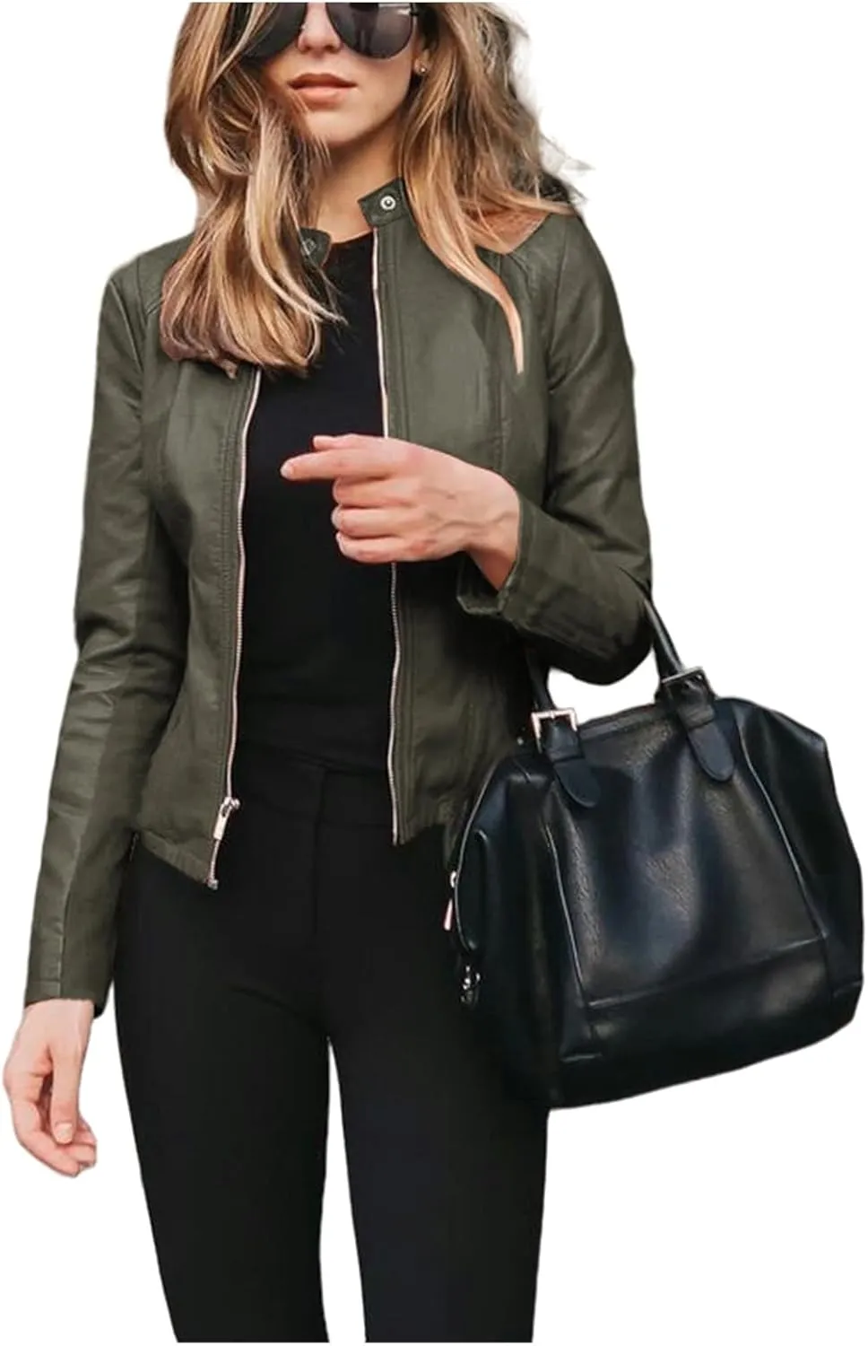 Womens Faux Leather Jacket Cropped Bomber Jackets Casual Light Moto Biker Jacke Coats Long Sleeves Jacket with Pocket