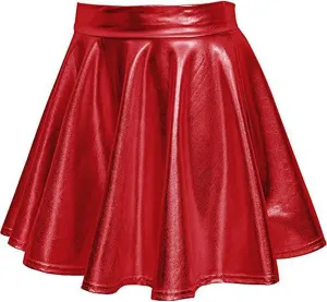 Women's Faux Leather Pleated Flared Skirt High Waist Dance Skate Mini Skirts Nightclub Rave Party A-Line Skirts