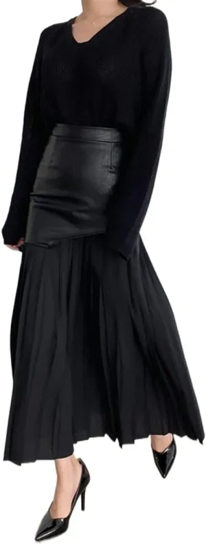 Women's Faux Leather Skirt Long Patchwork A-line Wrap Pleated PU Leather Midi Skirt Bodycon