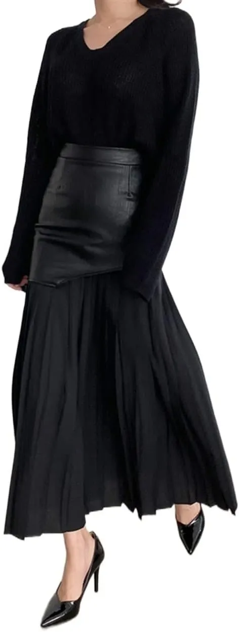 Women's Faux Leather Skirt Long Patchwork A-line Wrap Pleated PU Leather Midi Skirt Bodycon