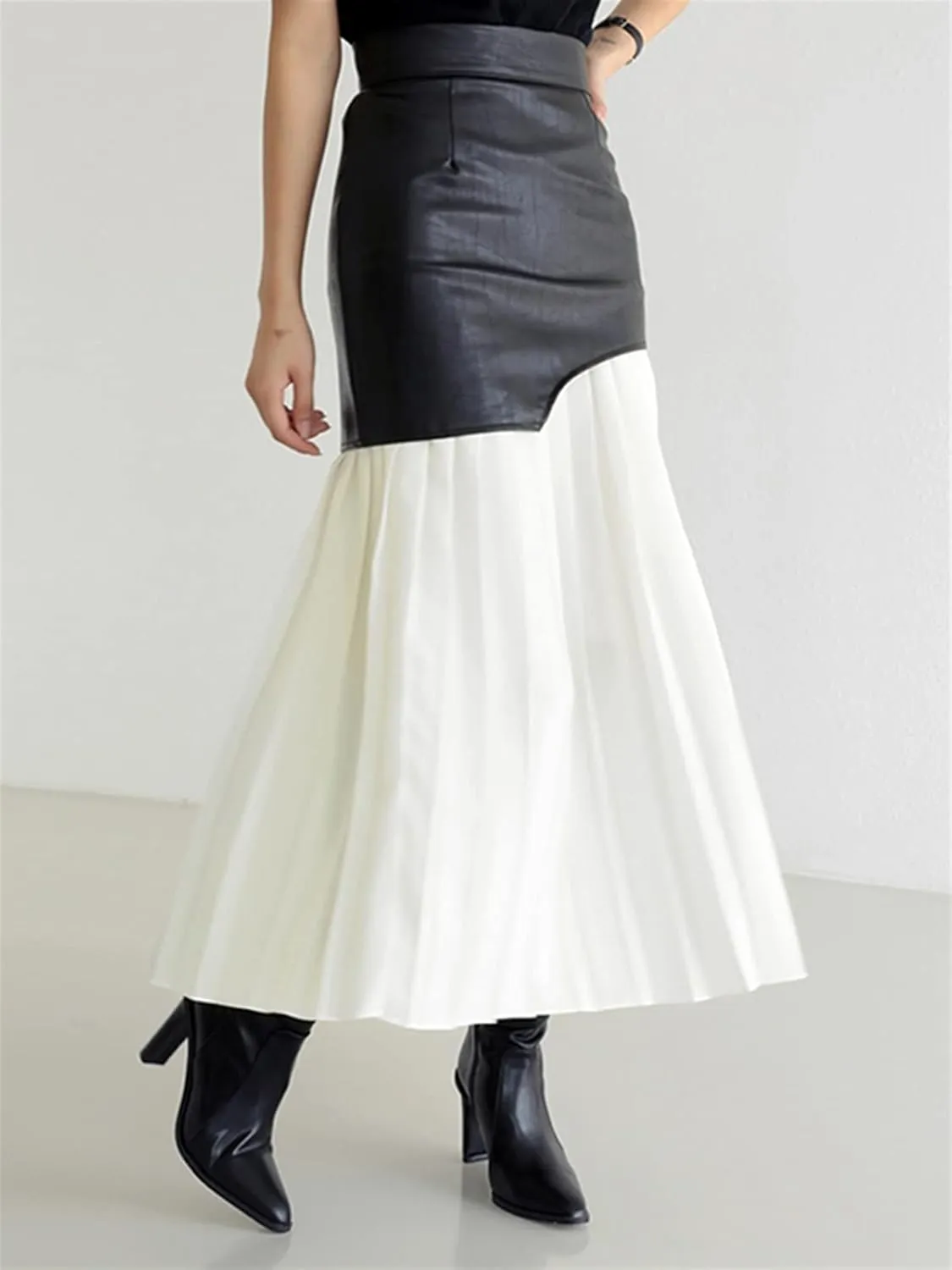 Women's Faux Leather Skirt Long Patchwork A-line Wrap Pleated PU Leather Midi Skirt Bodycon