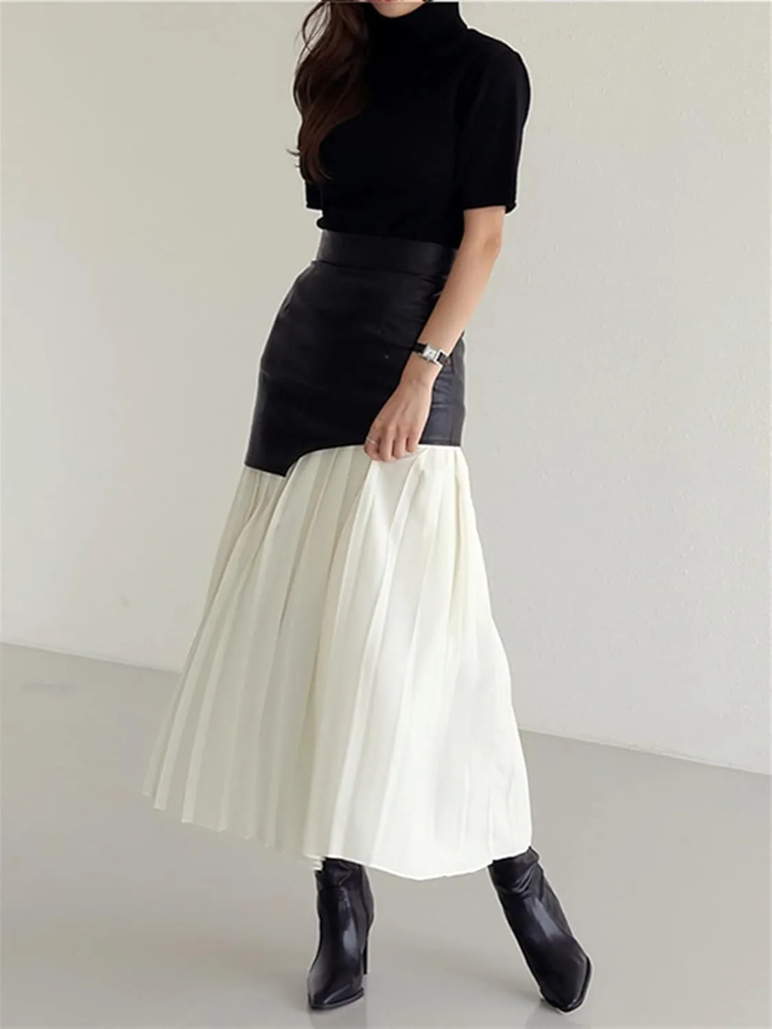 Women's Faux Leather Skirt Long Patchwork A-line Wrap Pleated PU Leather Midi Skirt Bodycon