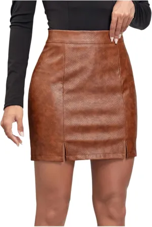 Women's Faux Leather Skirts High Waisted Slit Mini Skirts Tummy Control Bodycon Short Pencil Skirt