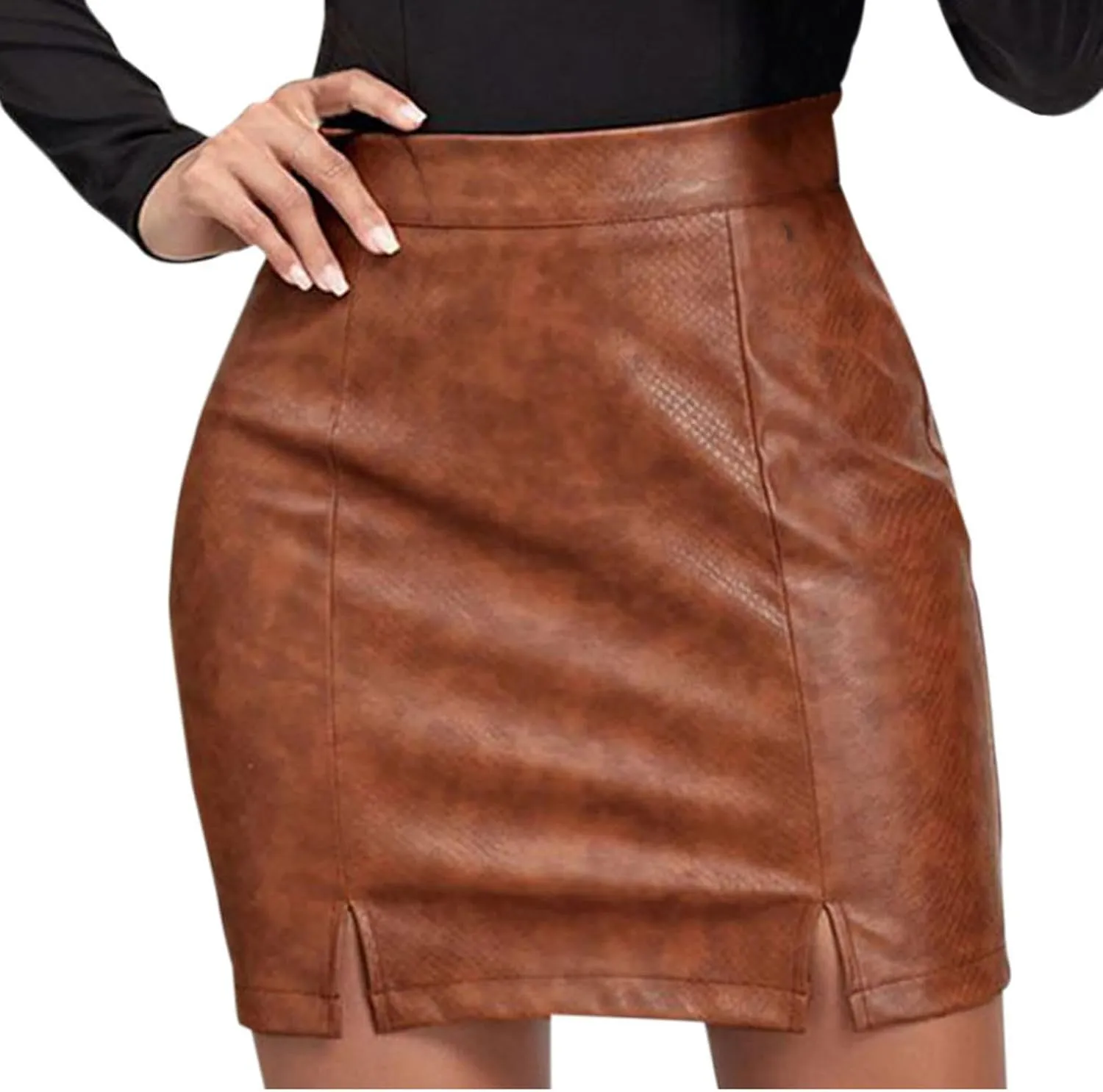 Women's Faux Leather Skirts High Waisted Slit Mini Skirts Tummy Control Bodycon Short Pencil Skirt