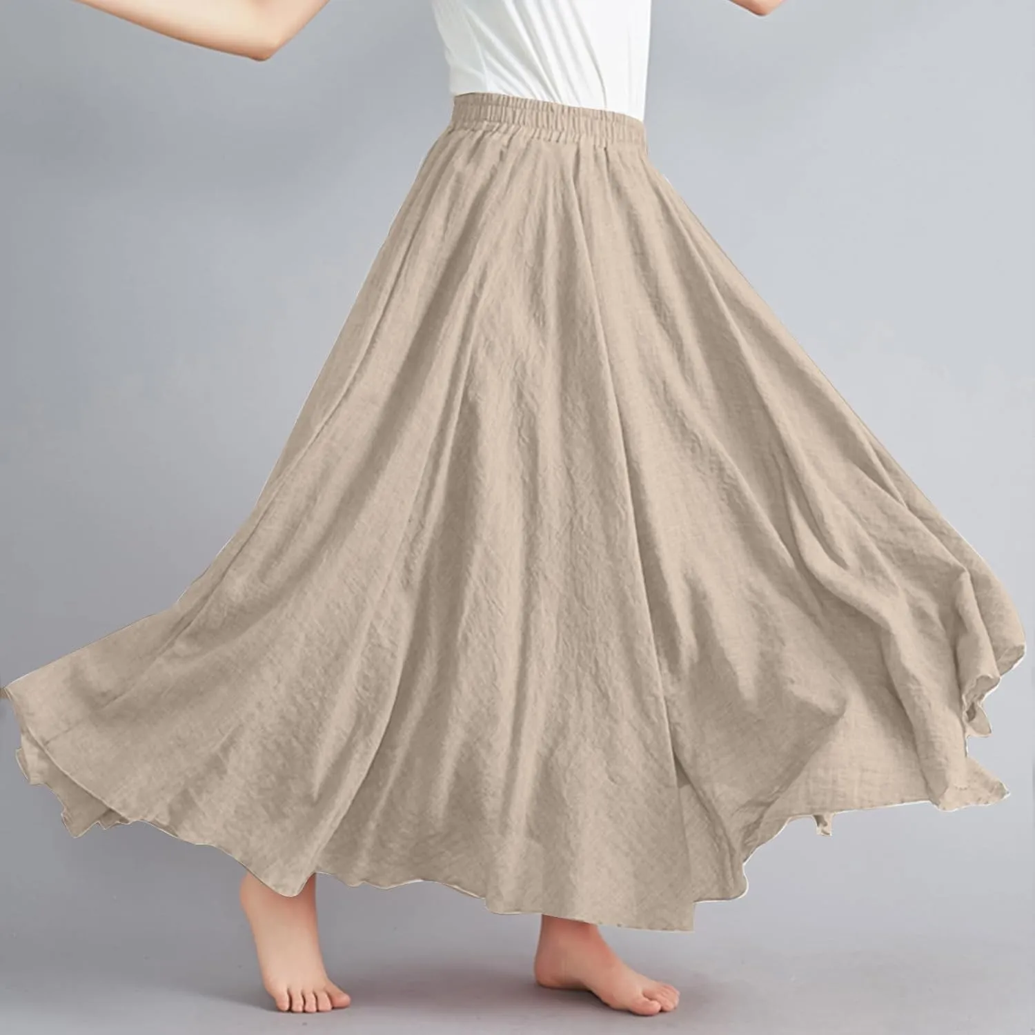 Women's Flowy Linen Maxi Skirt Summer Pleated High Waisted Casual Long Skirts Solid A-Line Beach Skirt for Going Out