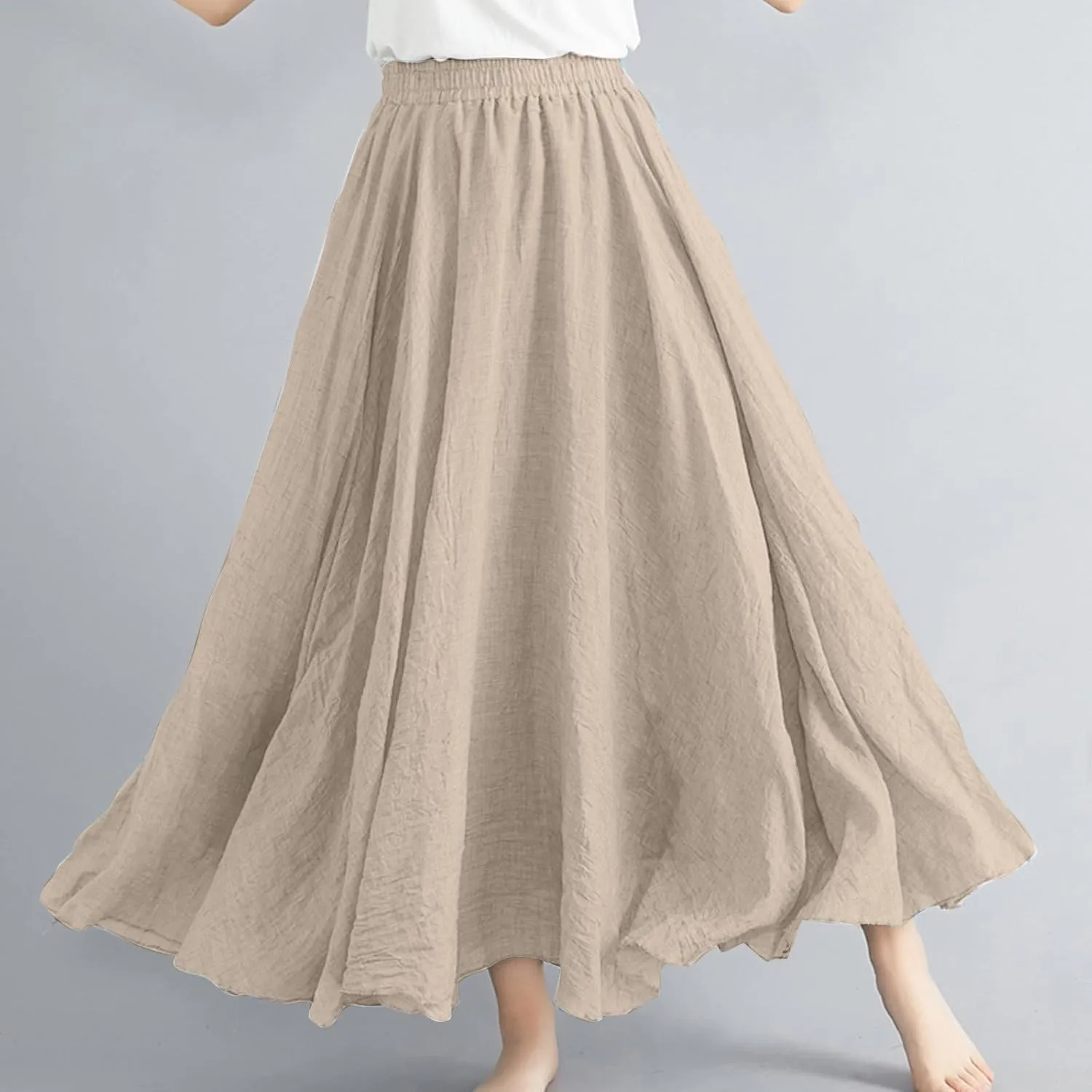 Women's Flowy Linen Maxi Skirt Summer Pleated High Waisted Casual Long Skirts Solid A-Line Beach Skirt for Going Out